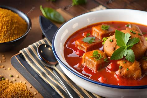Premium Photo A Bowl Of Red Soup With A Blue Rim And A White Rim With