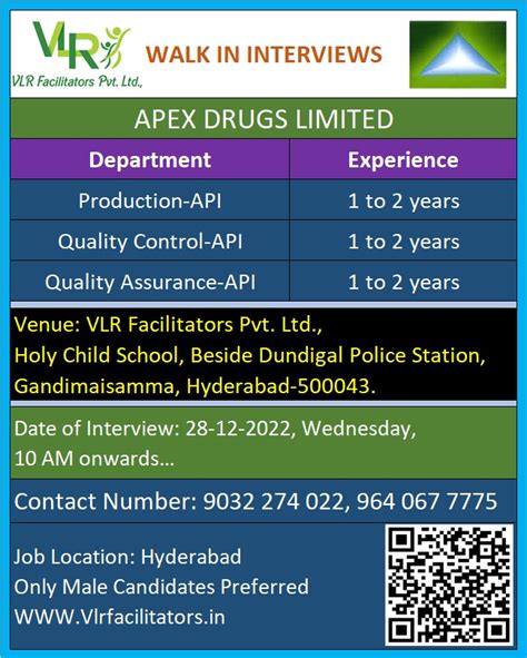 Apex Drugs Limited Walk In Interviews For Production Quality