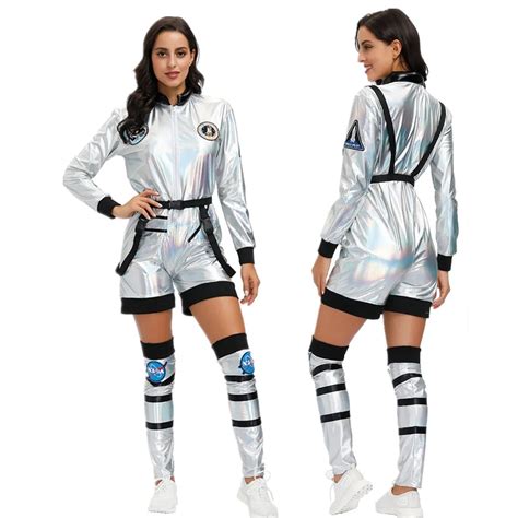 Women Astronaut Costume Adult Silver Spaceman Costume Space Suit Party