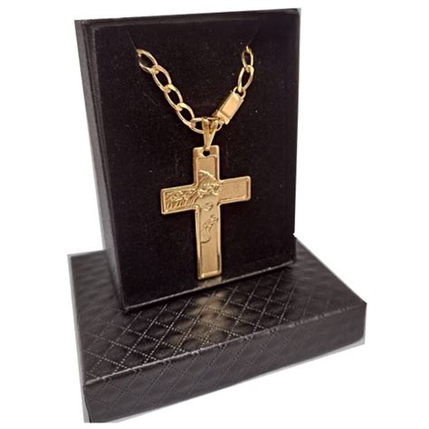 Corrente Tipo Cord O Masculina Crucifixo Face De Cristo Banhada A