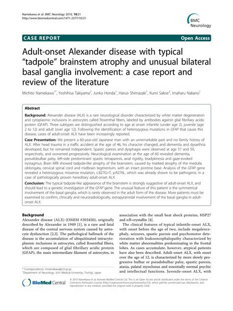 Pdf Adult Onset Alexander Disease With Typical Tadpole Brainstem