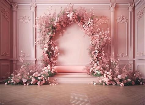 Un Arco Floral Rosa Con Flores Blancas Y Hojas Rosas Foto Premium