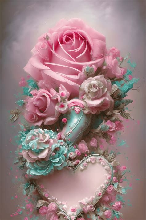 Beautiful Shabby Chic Pink Roses And Teal Flowers And Leaves Filigree