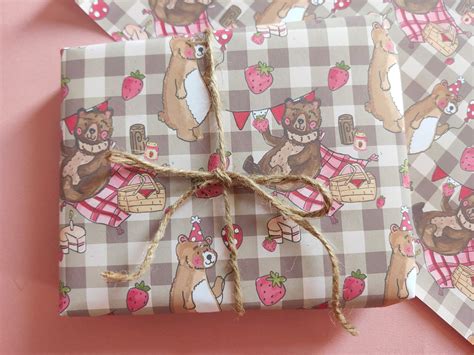 Teddy Bear Wrapping Paper Cute Picnic T Wrap In Brown Etsy