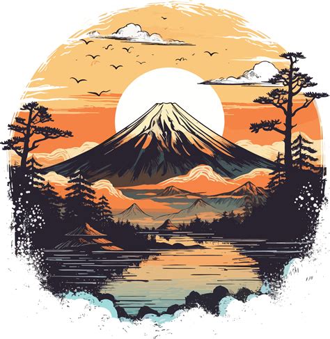 Ukiyo E Style Painting Of Mount Fuji At Sunset 22893542 Vector Art At