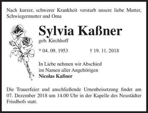 Traueranzeigen von Sylvia Kaßner geb Kirchhoff abschied nehmen de