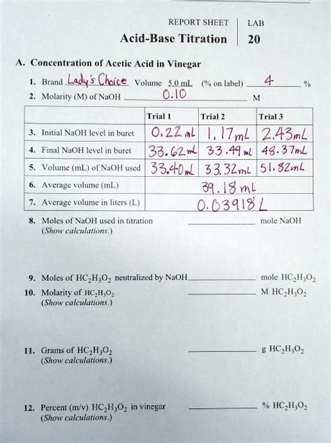 Solved Report Sheet Acid Base Titration Lab Concentration Of Acetic