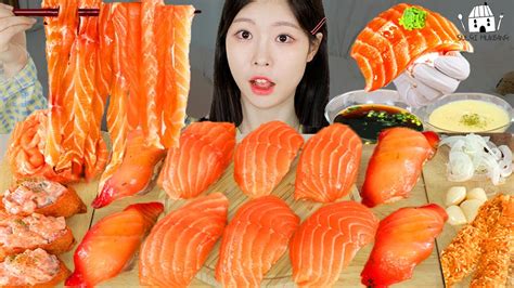 Asmr Mukbang 직접 만든 대왕 연어 초밥 연어국수 먹방 And 레시피 Raw Salmon Noodles Eating Youtube