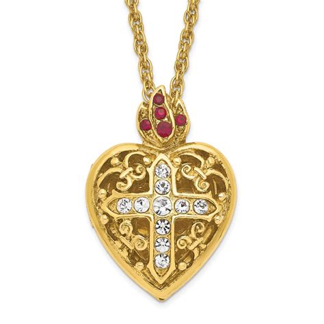 18 Gold Tone Red And Clear Synthetic Crystal Sacred Heart Locket