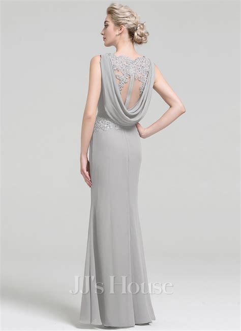 Sheath Column Scoop Floor Length Chiffon Lace Evening Dress With