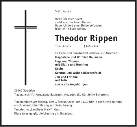 Traueranzeigen Von Theodor Rippen Nordwest Trauer De