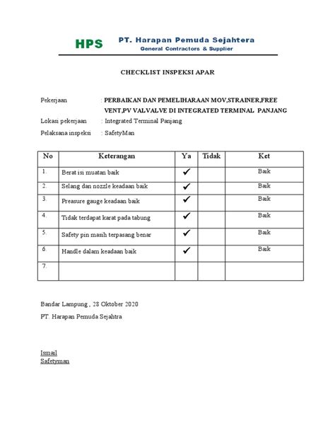 Checklist Inspeksi Apar Pdf