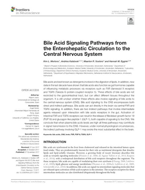 Bile Acid Signaling Pathways From The Enterohepatic Circulation To The Central Nervous System