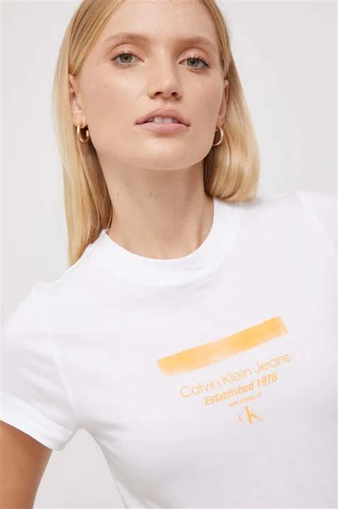 Calvin Klein Jeans T Shirt Bawełniany Damski Kolor Beżowy