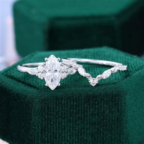 Marquise Cut Moissanite Bridal Ring Set With Leaf Engagement Ring Set