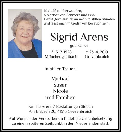 Alle Traueranzeigen F R Sigrid Arens Trauer Rp Online De