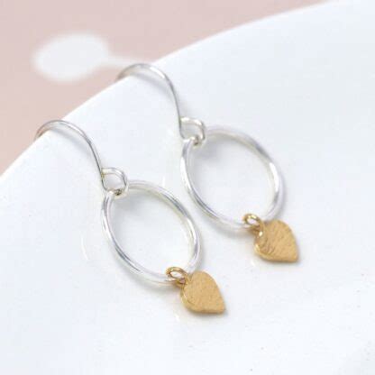 Gold Heart Hoop Drop Earrings In Sterling Silver Soukous