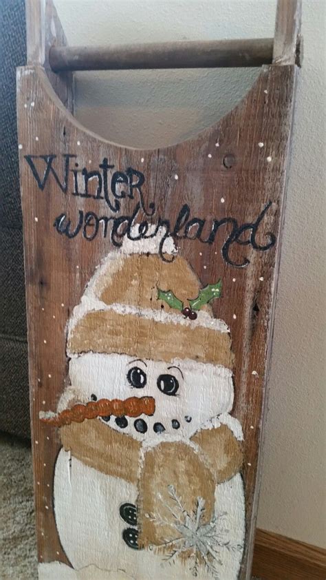 Hand Painted Snowman On Faux Sled Winter Wonderland Crafts