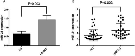 MiR 21 5p Levels In HNSCC And NC Tissue Specimens RT QPCR Was Used To