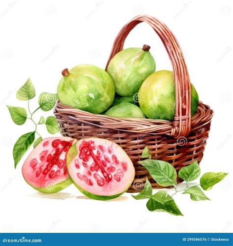 Exotic Watercolor Basket Fresh Pomegranates And Leaves Stock