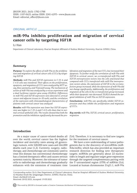 Pdf Mir 99a Inhibits Proliferation And Migration Of Cervical Cancer