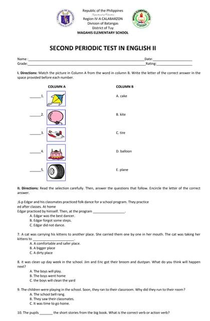 Grade 2 English Second Periodic Test Pdf