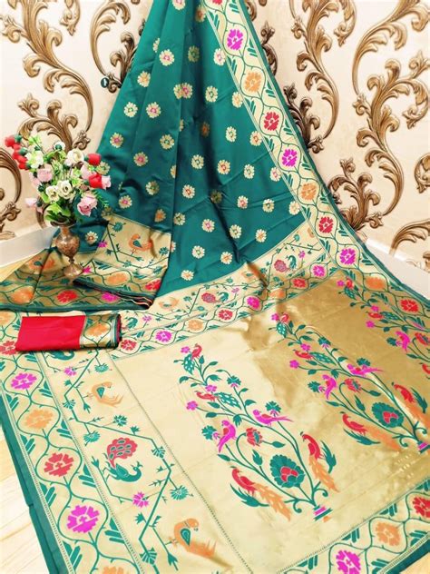 Rama Green Color Paithani Silk Weaving Work Saree