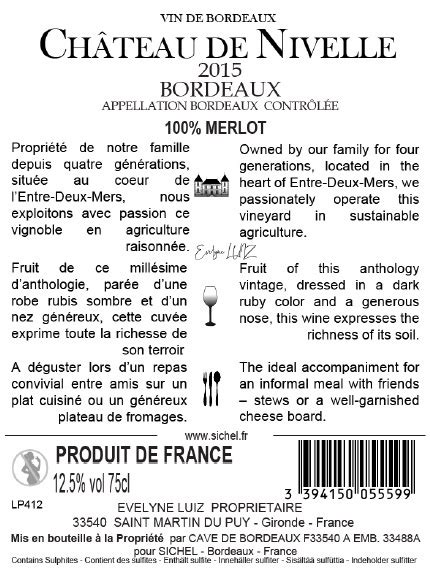 Ch Teau De Nivelle Aoc Bordeaux Red Technical Sheet