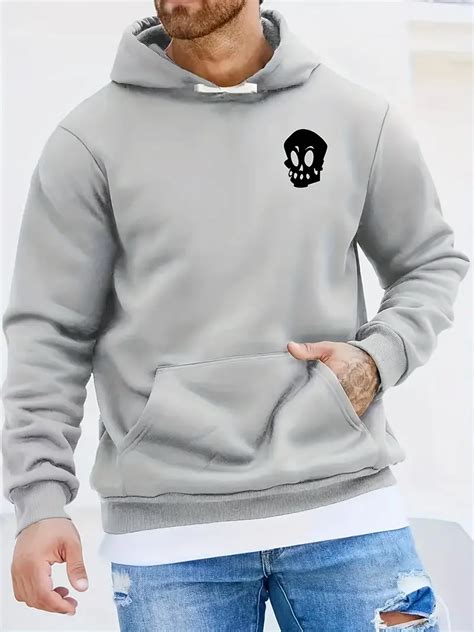 Skull Print Hoodie Kangaroo Pocket Mens Casual Pullover Temu United