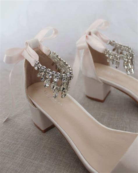 Soft Blush Satin Block Heel Sandals With Floral Rhinestones