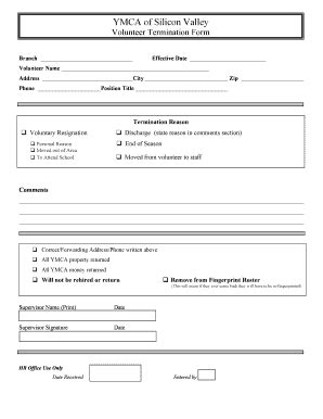 Fillable Online Ymcasv Volunteer Termination Form Ymca Of