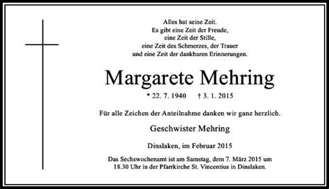 Alle Traueranzeigen F R Mehring Margarete Trauer Rp Online De