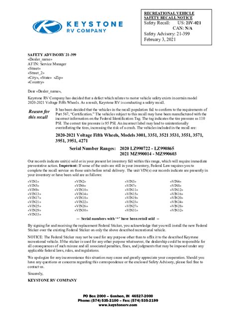 Fillable Online 21 399 Voltage Fed Tag Recall Dealer Letter Fax Email