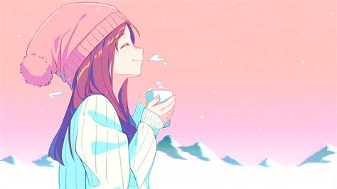 Hat Anime Profile Sweater Cup Smiling Closed Eyes Anime Girls