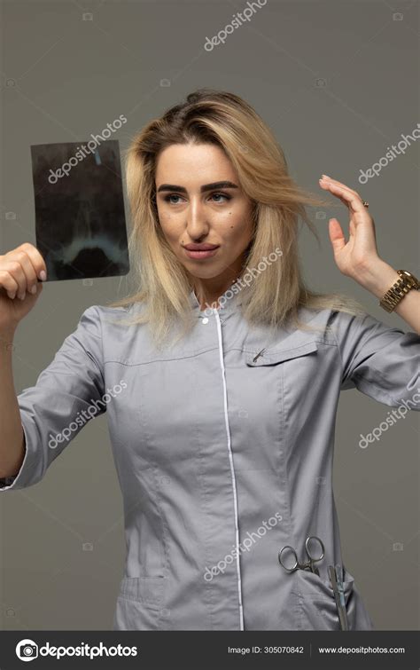 Doctor Woman Holding Radiograph Grey Background Stock Photo By