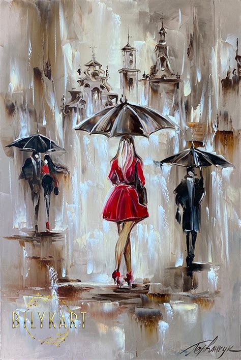 Large Woman Under Umbrella Oil Painting On Canvas Abstract Rainy City Art Extra Large Elegant