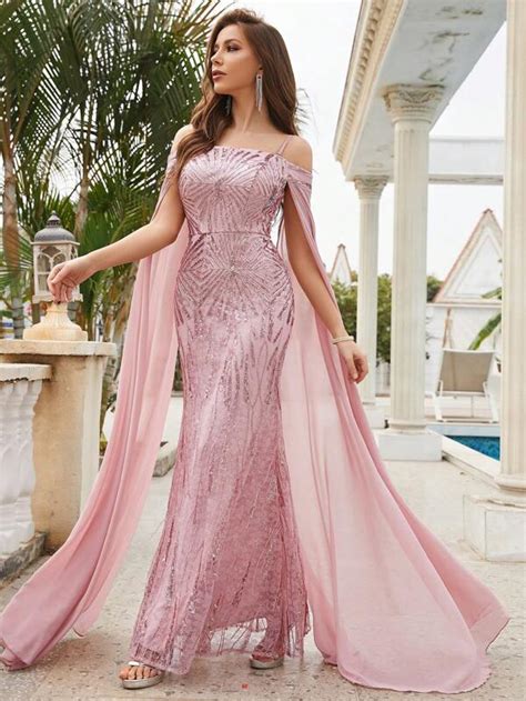 Off Shoulder Cloak Sleeve Sequin Formal Dress Shein Usa