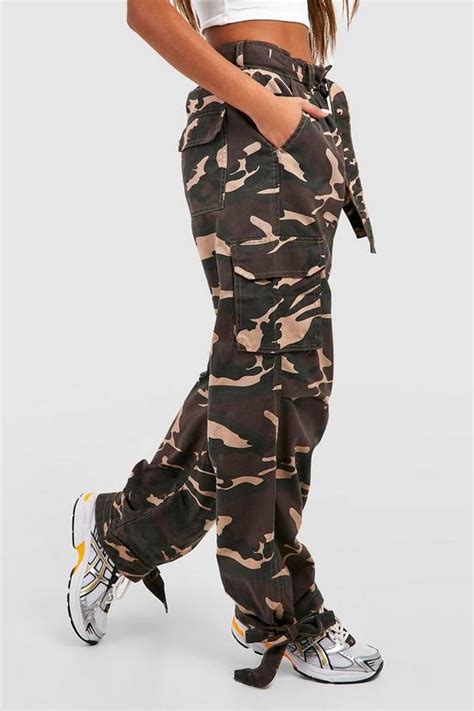 Trousers Belted Camo Tie Hem Baggy Cargo Pants Boohoo