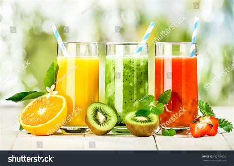 Delicious Array Fresh Fruit Juices Served Stock Photo