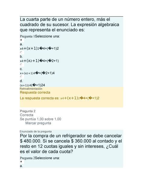 Nivelacion matematicas prueba 2 La cuarta parte de un número entero