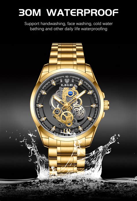 2023 Lige New Male Waterproof Sports Automatic Quartz Watch Gold