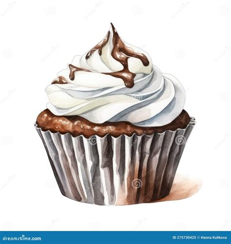 Watercolor Chocolate Cupcake Decorated With Whipped Cream Stock