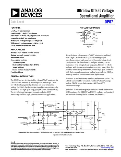 Ultralow Offset Voltage Operational Amplifier Op07 Data Sheet