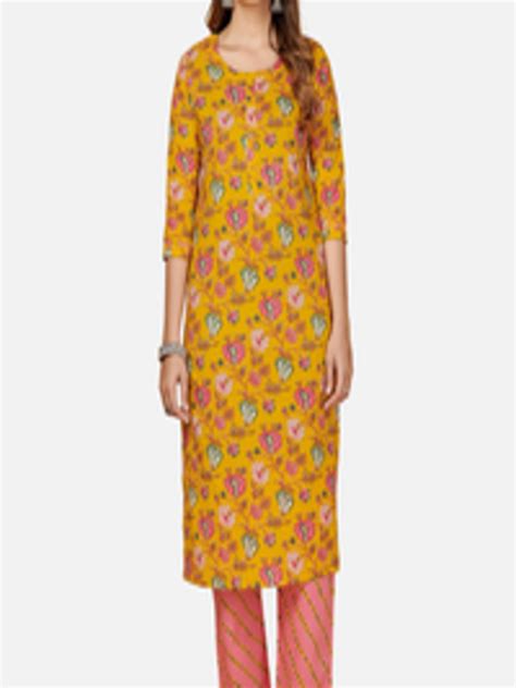 Buy Kalini Women Yellow Floral Printed Pure Cotton Kurti With Trousers Kurta Sets For Women