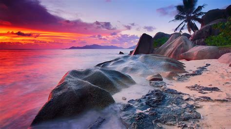 Wallpaper Sunlight Sunset Sea Rock Shore Reflection Sky Beach