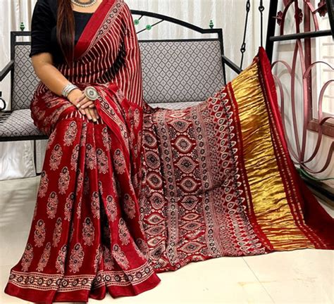 Red Color Traditional Authentic Ajrakh Modal Silk Saree Ethnics Land