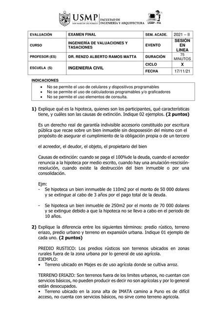 Examen Final Ingenieria De Valuaciones Y Tasaciones Civil Zone Udocz