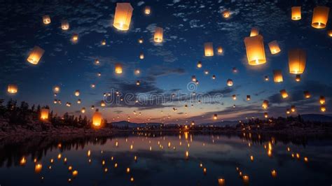 A Large Group Of Chinese Flying Lanterns Chinese Lanterns In The Night