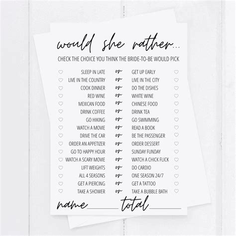 Would She Rather Bridal Shower Game Free Printable Modern Moh 6344