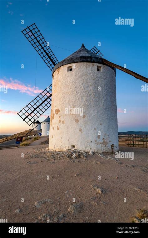 Old Spanish windmill at sunrise, Consuegra, Castilla-La Mancha, Spain Stock Photo - Alamy